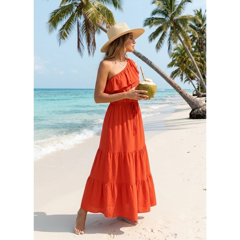 Max Studio tropical One Shoulder Tiered Maxi Dress Orange Boho Summer Size M NWT